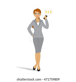 Elegant business on the phone. Business woman planning big project with big money. Cartoon character. Vector illustration