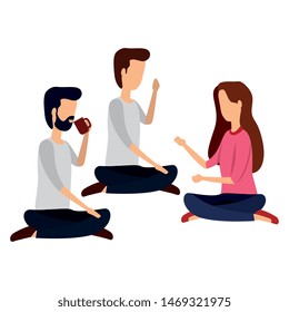 elegant business people drinking coffee seated in lotus position