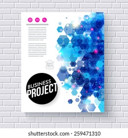 Elegant Business Web Template with Abstract Blue Hexagon Graphic Designs on a White Brick Wall Background. Vector illustration.