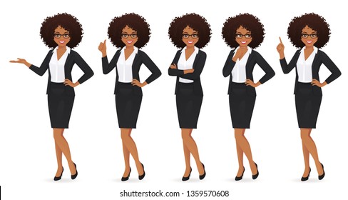 Elegant business woman with afro hairstyle in different poses isolated vector illustrtion