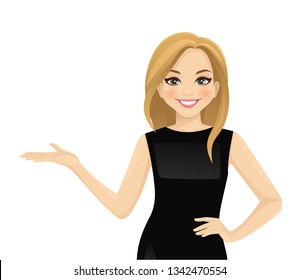 Elegant business woman in black dress showing isolated vector illustration