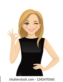 Elegant business woman in black dress showing isolated vector illustration