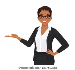 Elegant business woman in black dress showing isolated vector illustration