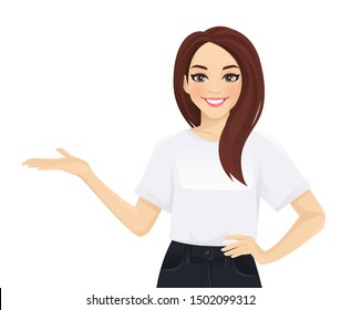 Elegant business woman in black dress showing isolated vector illustration