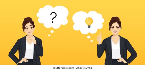 Elegant business woman in black suit thinking and making idea pointing up. Vector illustration on yellow background