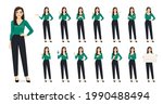 Elegant business woman character in different poses set in jeans isolated vector illustration