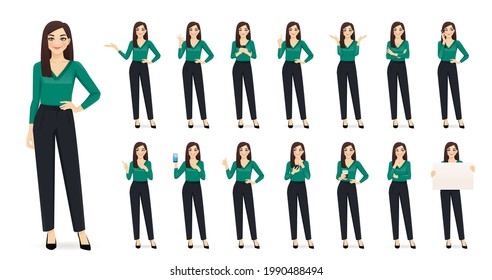 Elegant business woman character in different poses set in jeans isolated vector illustration