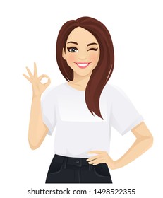 Elegant business woman gesturing ok sign isolated vector illustration