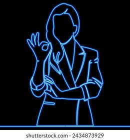 Elegante mujer de negocios gesto ok signo icono neón resplandor vector concepto de ilustración