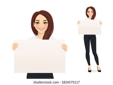 Elegant business woman holding empty blank board isolated vector illustration