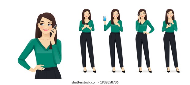 Elegant business woman with mobile phone talking isolated vector illustration