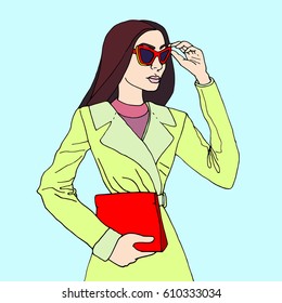 Elegant business woman in a raincoat and a red purse. Bright fashionable appearance. Vector sketch picture