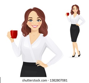 Elegant business woman twith coffee cup isolated vector illustration