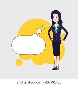 Elegant business woman vector cartoon character with cartoon empty bubble. Brunette business woman is thinking angrily about something. Disappointed woman wearing business clothing. Linear flat design