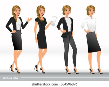 Elegant Business Women In Formal Clothes. Base Wardrobe, Feminine Corporate Dress Code. Women In Office Clothes.Vector Illustration With Isolated Characters.