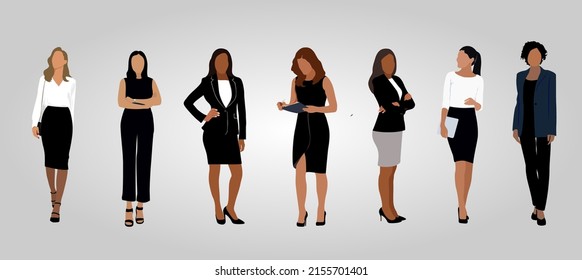 Elegant business women. Multiracial female business team standing in different poses wearing formal business black and white clothes. Set of hand drawn vector illustrations isolated.