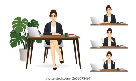 Elegant business young woman wearing black suit using laptop computer sitting at desk in different poses. Isolated vector illustration set