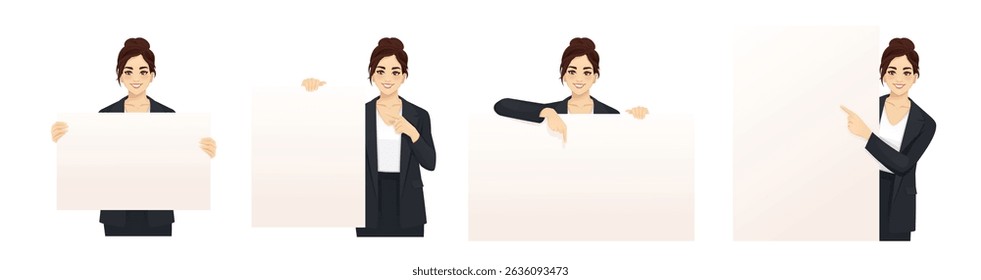 Elegant business young woman wearing black suit holding and pointing to the empty blank board. Isolated vector illustration collection