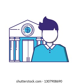 elegant businessman with bank building
