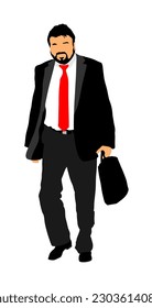 Un elegante hombre de negocios con barba va a trabajar la ilustración vectorial aislada en el fondo blanco. Un hombre guapo en suite y atado con maleta. Caminando un hombre. Abogado yuppie. Agente secreto, líder de confianza.