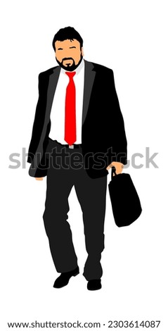 Elegant businessman with beard go to work vector illustration isolated on white background. Handsome man in suite and tie with suitcase. Male walking. Yuppie lawyer. Secret agent, confident leader.