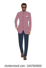 Elegant businessman character in evening party outfit. Stylish handsome guy wearing formal suit, tuxedo. Hand drawn vector realistic illustration isolated on white background.