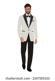 Elegant businessman character in evening party outfit. Stylish handsome guy wearing ivory white formal suit, tuxedo and bowtie. Hand drawn vector realistic illustration isolated on white background.