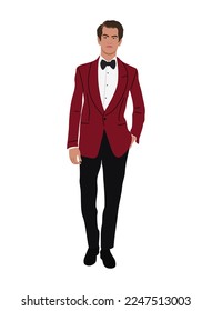 Elegant businessman character in evening party outfit. Stylish handsome guy wearing red formal suit, tuxedo and bowtie. Hand drawn vector realistic illustration isolated on white background.