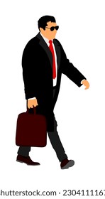 Elegant businessman with glasses go to work vector illustration isolated on white background. Handsome man in suite and tie with suitcase. Male walking. Yuppie lawyer. Secret agent, confident leader.