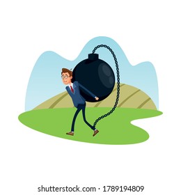 elegant businessman lifting slave fetter comic character icon vector illustration design