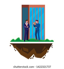 elegant businessman with logistic worker and building