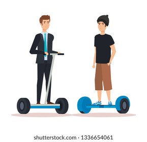 elegant businessman with man riding electric scooter