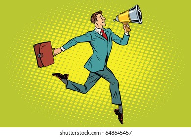 elegant businessman with megaphone. Pop art retro vector illustration