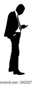 Elegant businessman with mobile phone vector silhouette illustration. Handsome man in suite and tie holding phone. Business communication.