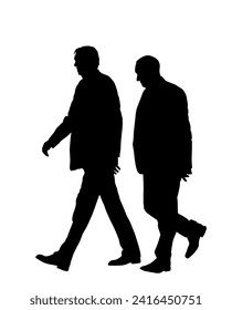 Elegant businessman partners in suite go to work vector silhouette illustration isolated. Handsome senior man walking with friend. Male walk yuppie lawyer. Secret agent confident leader. Economy CEO.