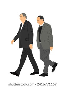 Elegant businessman partners in suite go to work vector illustration isolated. Handsome senior man walking with friend. Male walking yuppie lawyer. Secret agent confident leader. Economy leader CEO.