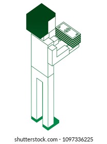 elegant businessman with pile of bill dollars in the hands isometric icon