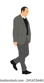 Elegant businessman in suite go to work vector illustration isolated on white background. Handsome senior man walking. Male walking yuppie lawyer. Secret agent confident leader. Economy leader CEO.