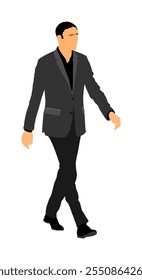 Elegante hombre de negocios en suite ir a trabajar Ilustración vectorial aislada sobre fondo blanco. Hombre guapo caminando. Abogado yuppie de paseo masculino. Agente secreto líder seguro. Líder de la economía CEO.