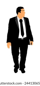 Elegant businessman in suite, tie go to work vector illustration isolated on white background. Handsome senior man walking. Male walk yuppie lawyer. Secret agent confident leader. Economy leader CEO.