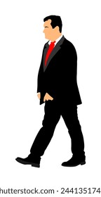 Elegant businessman in suite, tie go to work vector illustration isolated on white background. Handsome senior man walking. Male walk yuppie lawyer. Secret agent confident leader. Economy leader CEO.