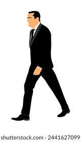 Elegant businessman in suite, tie go to work vector illustration isolated on white background. Handsome senior man walking. Male walk yuppie lawyer. Secret agent confident leader. Economy leader CEO.