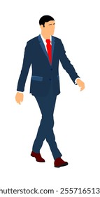 Elegant businessman in suite, tie go to work vector illustration isolated on white background. Handsome man walking. Male walk yuppie lawyer. Secret agent confident leader. Economy leader CEO.