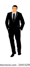 Elegant businessman in suite tie, with hands in pocket go to work vector illustration isolated. Handsome senior man walking. Male walk yuppie lawyer. Secret agent confident leader. Economy leader CEO.