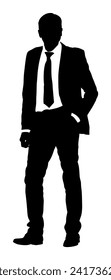 Elegant businessman in suite and tie standing vector silhouette illustration isolated. Handsome man with hand in pocket. Business man. Male manager or politician posing during elections campaign. 