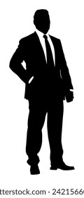 Elegant businessman in suite and tie standing vector silhouette illustration. Handsome man with hand in pocket. Business man. Male manager or politician posing during elections campaign. 