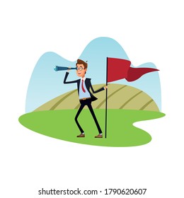 elegant businessman with telescope and success flag comic character icon vector illustration design