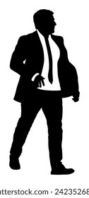 Elegant businessman walk in rush vector silhouette illustration isolated on white background. Handsome man in suite and tie walking. Business man. Fashion look male.