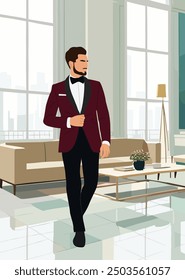 Elegant businessman wearing formal tuxedo standing in modern luxury hall, lounge zone with big windows and comfortable furniture. Hand drawn vector realistic illustration.