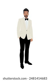Elegant businessman wearing formal white tuxedo and bow tie for evening celebration, event, Christmas, New Year, wedding, anniversary. Handsome bearded male character isolated on white background